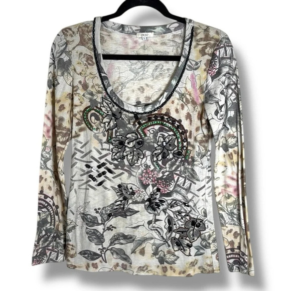 Y2K Caché Long Sleeve Tee Shirt Size Small 2000s Floral Sequins - Picture 1 of 5